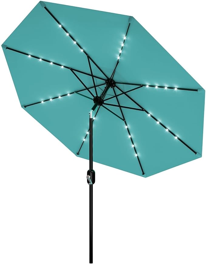 Garvee 9/10 FT Solar Patio Umbrella with 32 LED Lights - Outdoor Table Umbrella with Crank Lift, Push Button Tilt and 8 Sturdy Ribs - Market Umbrella UV Protection for Pool, Deck, Yard, Garden