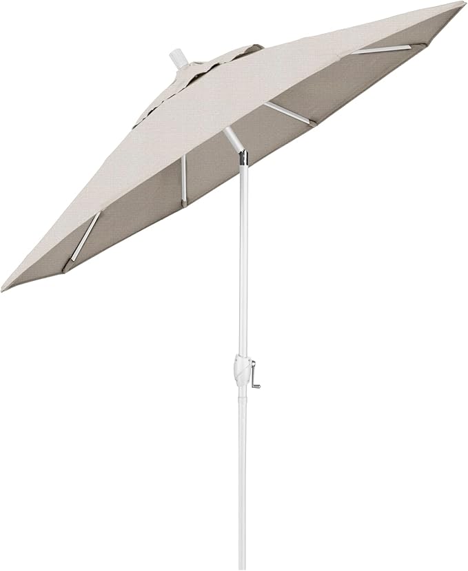 California Umbrella 9' Round Aluminum Market Umbrella, Crank Lift, Push Button Tilt, White Pole, Woven Granite Olefin