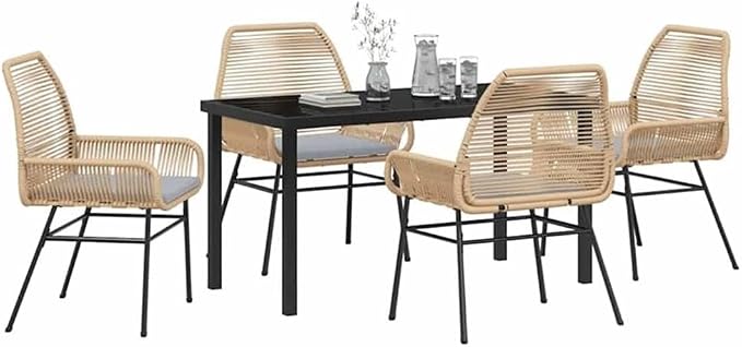 Afuera Living 5-Piece Poly Rattan Patio Dining Set, Black Tempered Glass Table, Cushioned Seats, Powder-Coated Steel Frame, UV-Resistant, Weatherproof Garden Furniture Set for Outdoor Entertainment
