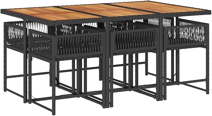 7 Piece Outdoor Patio Dining Set with Cushions Black Poly Rattan, Space-Saving Folding Chairs, UV-Proof PE Rattan and Acacia Wood Table for Garden Backyard Deck Entertaining