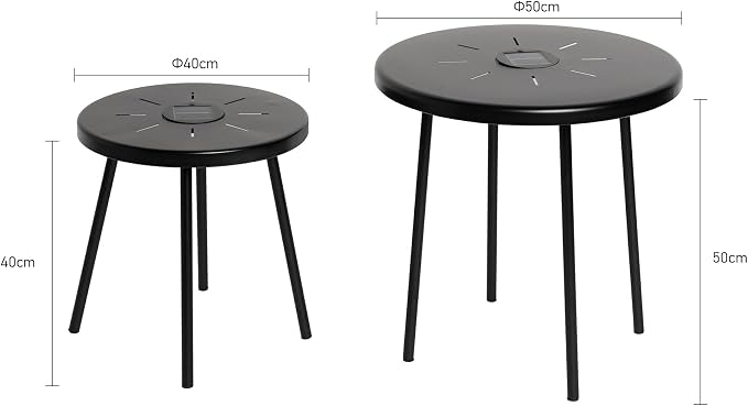 2-Pack Solar Side Table with LED Light, Outdoor Indoor Nesting Round End Table Set, Metal, Black 19.7" & 15.7"