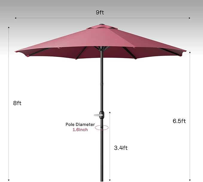 CHABATREE 9FT Outdoor Patio Umbrella with Easy Crank - UV Resistant & Waterproof Market Umbrella with Ventilated Canopy, 8 Sturdy Ribs & Powder-Coated Frame for Garden, Deck, Backyard, Pool, Patio Table