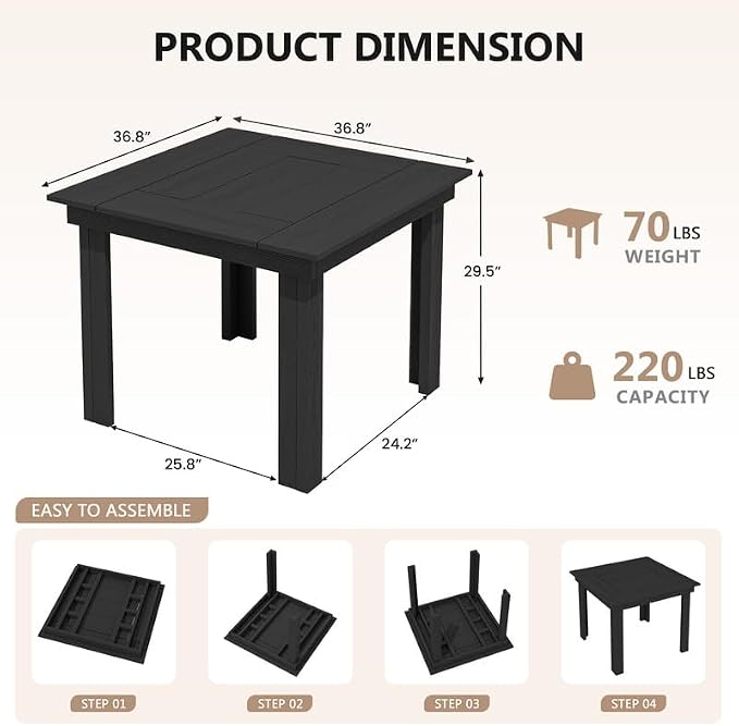 KINGYES HDPE Outdoor Dining Set for 4 with Umbrella, 6-Piece Square Patio Table & Armless Chairs, All-Weather for Backyard, Garden, Lawn & Poolside, Black