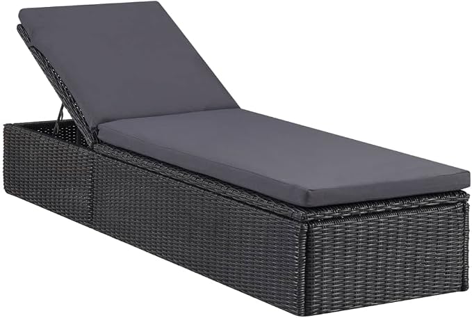 9pc Patio Dining Set Black/Dark Grey 78.7 Acacia Top PE Rattan Chairs 2 Sun Loungers Powder-Coated Steel Seats 8