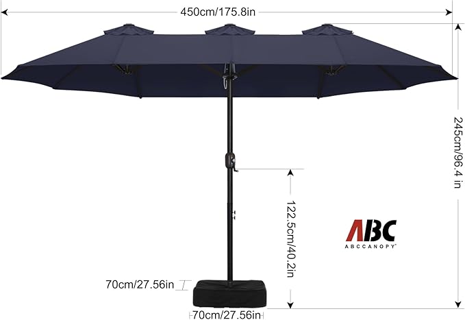 ABCCANOPY 15FT Patio Umbrella with Base, Outdoor Double-Sided Rectangle Umbrella Bonus Latch, Wights for Poolside, Lawn, Backyard (Navy Blue)