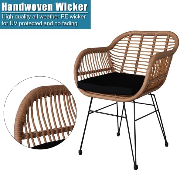 Oshion 3 pcs Wicker Rattan Patio Conversation Set with Tempered Glass Table Flaxen Yellow
