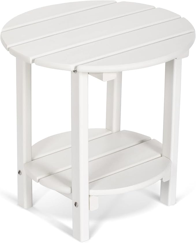 Round Adirondack Outdoor Side Table, 17.7" Small Patio End Table, 2-Tier HDPE Plastic Table for Poolside Porch Garden, Weather Resistant & Easy Assembly (White)