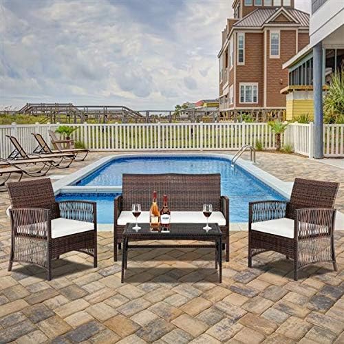 HopeHope 4pcs Patio Conversation Set Guest Chair Outdoor Garden Lawn Pool Rattan Sofa Wicker Furniture Set Coffee Table Bistro Sets Tempered Glass Table