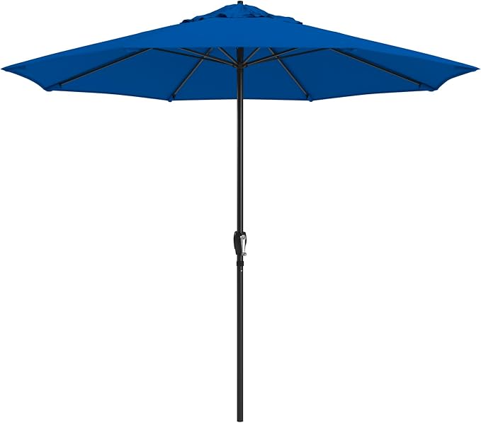California Umbrella 8-Year Protection 9 Ft Outdoor Patio Umbrella, Solstice Fade-Resistant Fabric, Auto-Tilt, Heavy Duty Aluminum Frame, 8 Reinforced Ribs for Pool or Deck, Black Pole, Royal Blue