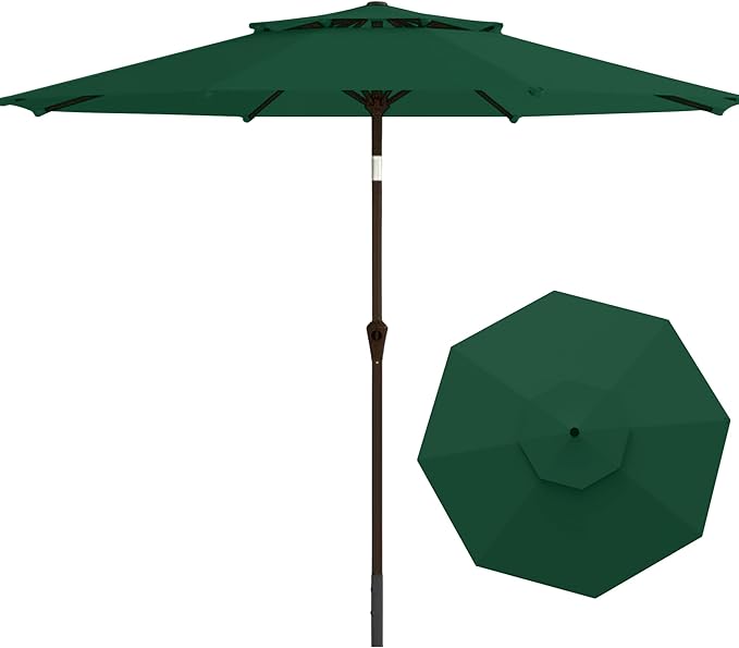 9FT Patio Umbrella 2-Tier Outdoor Market Table Umbrella with Push-Button Tilt & Crank | UPF 50+ & Waterproof for Backyard,Garden,Pool,Deck(Dark Green)