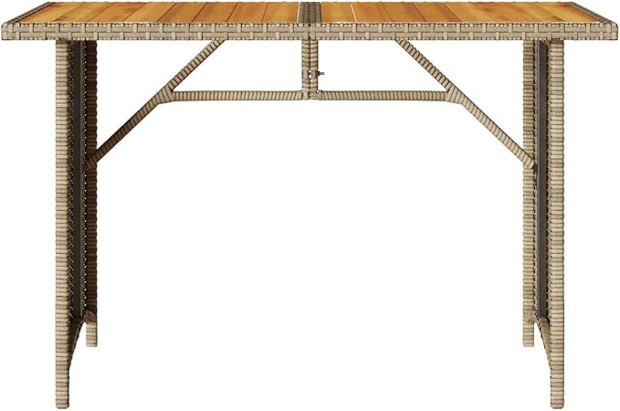 vidaXL Patio Table with Wooden Top, Garden Table, Dining Table for Outdoor Balcony, Patio Furniture, Modern Style, Beige Poly Rattan