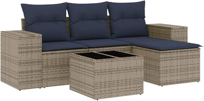 vidaXL Patio Sofa Set with Cushions 5 Piece, Outdoor Conversation Set, Sectional Sofa for Balcony Garden, Patio Furniture, Gray Poly Rattan
