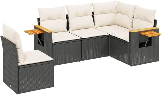 vidaXL Patio Sofa Set with Cushions 5 Piece, Outdoor Conversation Set, Sectional Sofa for Balcony Garden, Modern Style, Black Poly Rattan