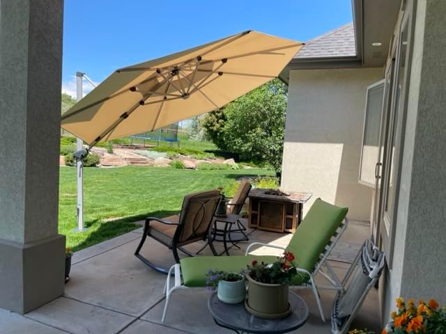 PURPLE LEAF 12 Feet Double Top Round Deluxe Patio Umbrella Offset Hanging Umbrella Outdoor Market Umbrella Garden Umbrella, Beige
