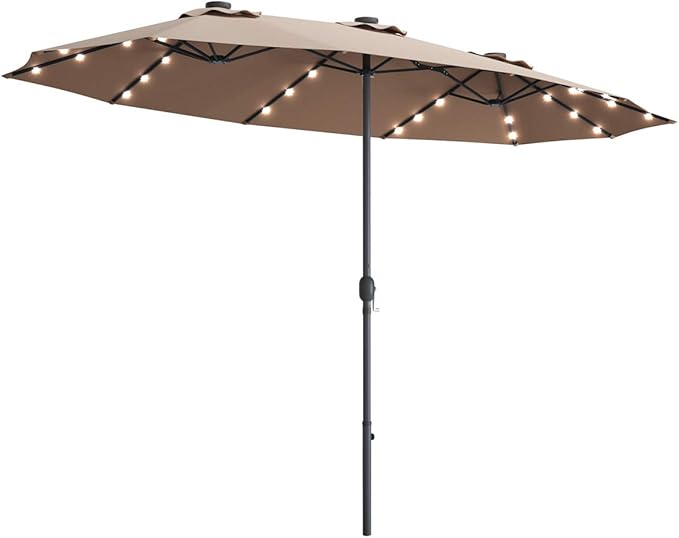 Tangkula 15 Ft Double Sided Patio Umbrella with Solar Lights, Extra Large Rectangle Outdoor Umbrella with 36 LED Lights & Crank Handle for Deck, Poolside, Garden, Backyard (Tan)