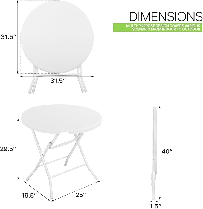 Magshion 31" Round Folding Table White Foldable Plastic Card Outdoor Utility Tables for Picnic Party Dining, 5 Pack