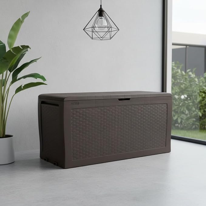 Large Resin Deck Box, 70 Gal Outdoor Storage, Rattan Style, Lockable with Wheels, (Brown, 46" L x 22.4" W x 17.7" H)
