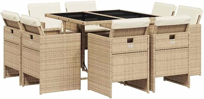 Afuera Living 9 Piece Patio Dining Set, Black and Beige Woven Design, Tempered Glass Table, Powder-Coated Finish, UV Resistant, Foldable Chairs with Washable Cushions, Outdoor Garden Furniture for 8
