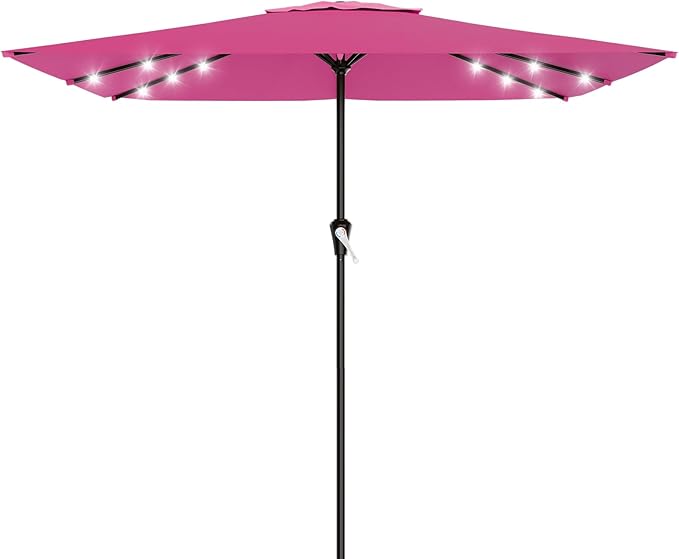 AreShark 8' X 10' Rectangular Patio Umbrella with Solar Lights, Lighted Solar Umbrella with Crank, Outdoor Table Umbrella for Garden, Deck, Backyard, Pool and Beach, Rose Pink