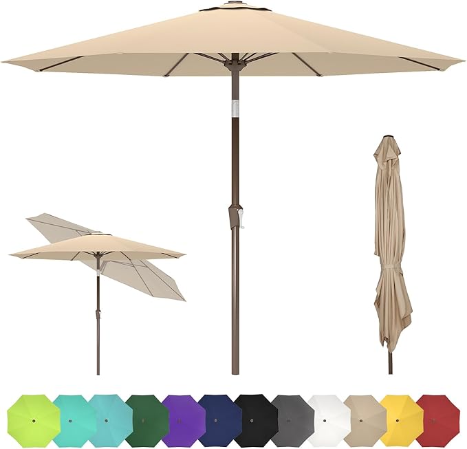 GREENVINES 9-FT-Patio-Umbrella | Outdoor-Table-Umbrellas | 8 Sturdy Fiberglass Ribs | Push Button Tilt & Crank | Waterproof | Market Umbrella | for Pool Backyard Garden Deck | Tan