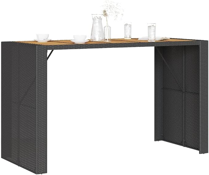 Synthetic Rattan Bar Table Black 72.8 Inch Long Rectangular Outdoor Bar Height Table Weather Resistant for Patio Garden Poolside