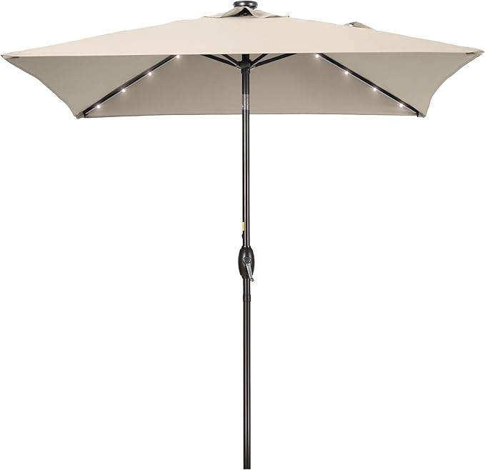 Square Patio Umbrella With Solar Lights, 6.5x6.5ft Square Umbrella Outdoor Patio with Tilt and Crank for Pool, Deck, Garden,Backyard