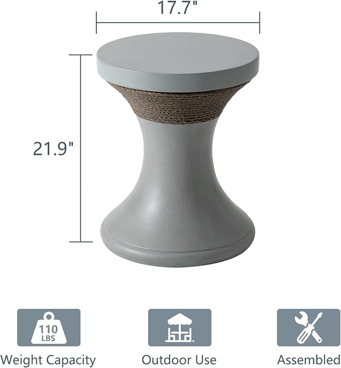 COSIEST Outdoor Side Table, Hourglass Shaped Concrete Accent Side Table w Hemp Rope Decor, 17.7''Patio End Table, Vintage Patio Stand for Garden, Grey