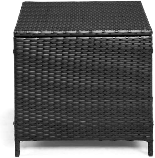 Outdoor PE Wicker Side Table with Storage, Patio Rattan End Table Square Container for Furniture Covers (Black)