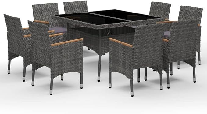 9-Piece Outdoor Dining Set in Grey and Brown with Square Table and 8 Armchairs, Durable Poly Rattan and Acacia Wood Furniture for Patio, Weather-Resistant Comfort Seating