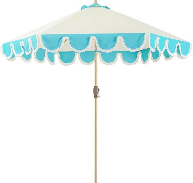 Tempera 9ft Scalloped Beige Spliced Blue Patio Umbrellas with Fringe, Market Umbrellas with Water-Resistant and Fade Resistant Canopy, 1.5" Wood Pole & Button Tilt