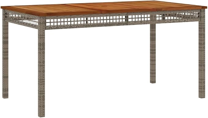 5 Piece Patio Dining Set Gray Poly Rattan Outdoor Furniture Set Includes 4 Garden Chairs with Cushions and Rectangular Acacia Wood Top Dining Table for Backyard Deck and Porch