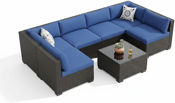 Litake 7 Piece Patio Furniture Sets, Iron Frame with Gradient Wicker, Soft Cushions, Modular Outdoor Conversation Furniture for Garden, Backyard & Patio