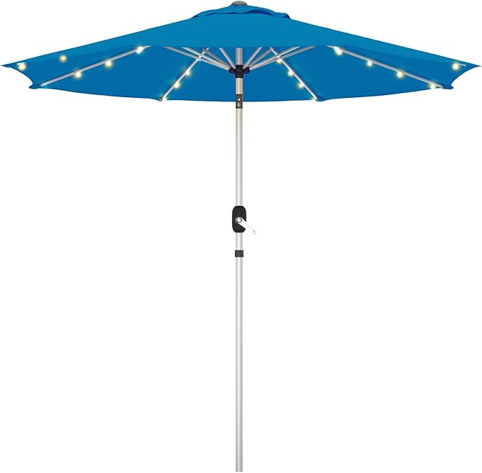 9FT Aluminum Patio Umbrella with 40-LED Solar Lighted, Fade-Resistant Outdoor Market Table Umbrella with Push Button Tilt Function, 8 Sturdy All-Aluminum Ribs for Gardens, Decks, Backyards & Pools