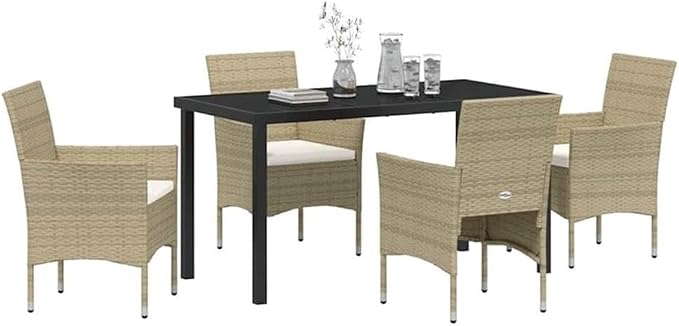 Afuera Living 5 Piece Patio Dining Set, Poly Rattan Frame, Beige Cushions, Tempered Glass Tabletop, Weather-Resistant, Modern Style Outdoor Furniture for Backyard, Garden, or Deck Use