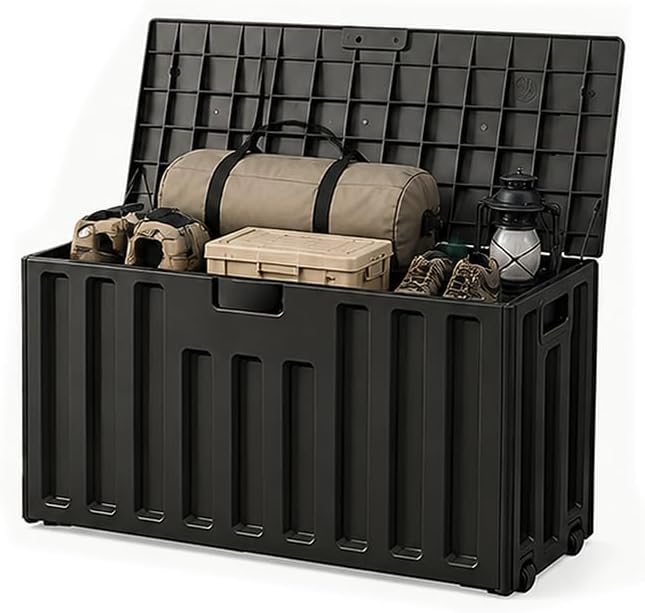 76 Gallon Outdoor Deck Box with Wheels & Lockable Lid - Waterproof UV Resistant Resin Storage Box, Patio Bench Container for Garden Tools, Pool Accessories, Backyard Porch & Patio Cushions (Black)