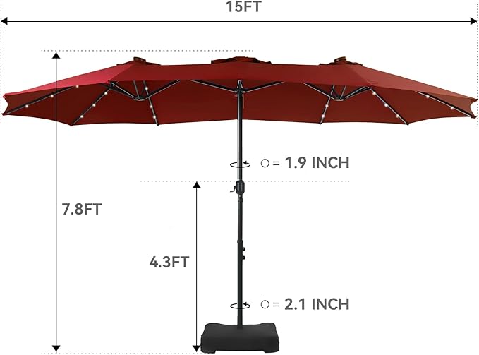 GREEN PARTY 15 ft Large Outdoor Patio Umbrella with Solar Led Lights & Base Included, Double-Sided Rectangular Table Umbrella with Stand, Market Umbrellas for Deck Poolside Garden Backyard, Red