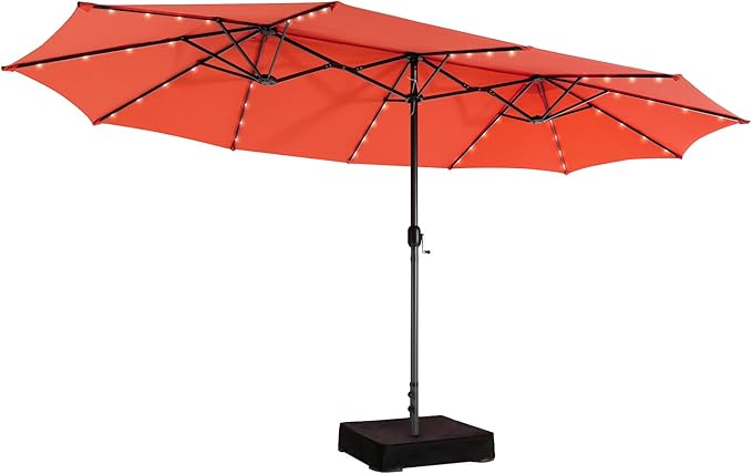 Giantex Large Outdoor Umbrella Double-Sided, 48 Solar Lights, Auto-Charging Solar Panel, Extra Large Patio Umbrella with Base and Crank, Outdoor Market Umbrellas for Poolside Garden