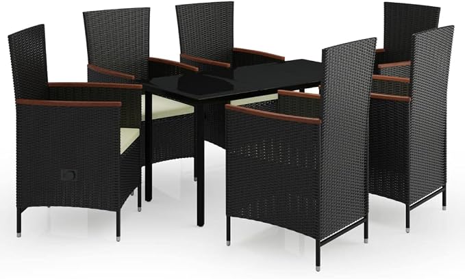 7 Piece Patio Dining Set with Cushions Black Reclining PE Rattan Garden Table and Chairs for Outdoor Backyard Lawn