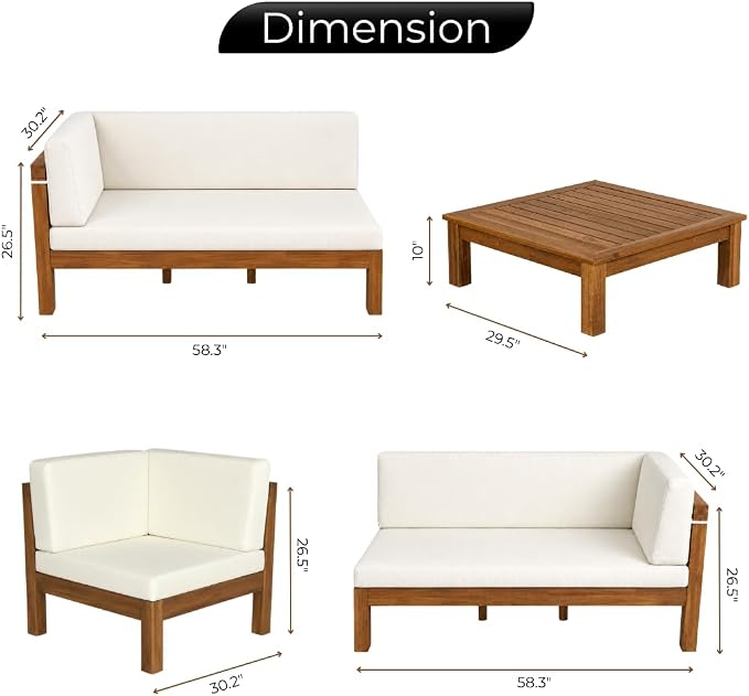 Acacia Wood Outdoor Sectional Sofa Set, 4-Piece L-Shaped Patio Furniture with Cushions, Double-Length Benches, Corner Seat & Coffee Table, Weather-Resistant Indoor/Outdoor - Farmhouse Scandinavian
