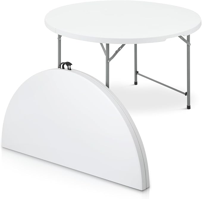 Athena Collection 4ft Folding Table, Indoor Outdoor Foldable Round Card Portable Plastic Craft Table with Lock & Handle, Collapsible Dining Desk for Commercial Party Camping, White