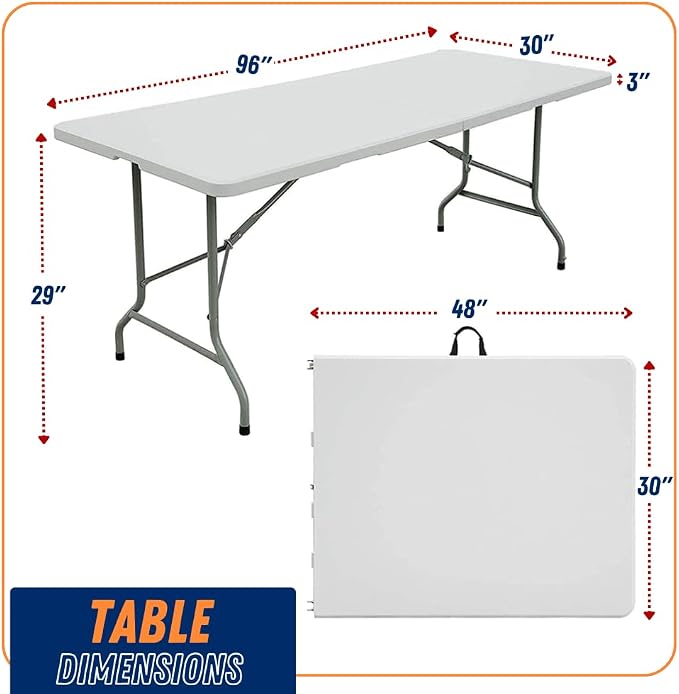 8FT Folding Table Indoor Outdoor Heavy Duty Portable Folding Plastic Dining Table w/Handle, Lock for Picnic, Party, Camping - White