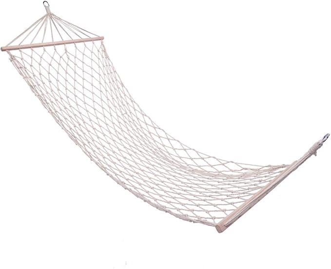 Vintage Hammock, Wood Pole Cotton Rope Hammock Bed with Rope,2-Person Woven Cotton Rope Double Hammock for Backyard,White