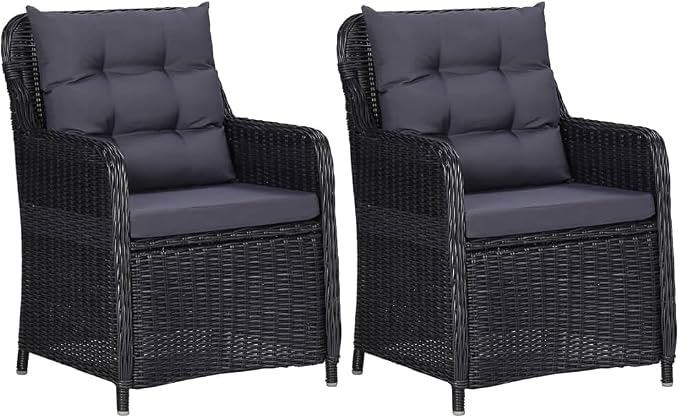 3 Piece Patio Dining Set Black Outdoor Rattan Furniture with Cushions for Garden Backyard Porch, Glass Table and 2 Chairs Weatherproof