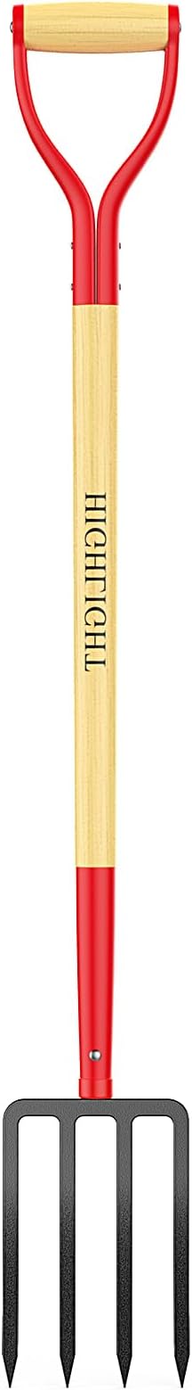 HIGHLIGHT Heavy Duty Pitchfork, 45.7" Garden Fork with 6cm Wide Tine Spacing, 4-Tine Spading & Digging Fork for Clay Soil, Composting & Mulching, Comfortable Ash-Grade Hardwood Handle, Steel D-Grip