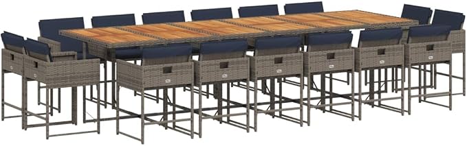 17 Piece Patio Dining Set with Cushions, Foldable PE Rattan Garden Table and 16 Chairs for Backyard and Outdoor Space, Grey