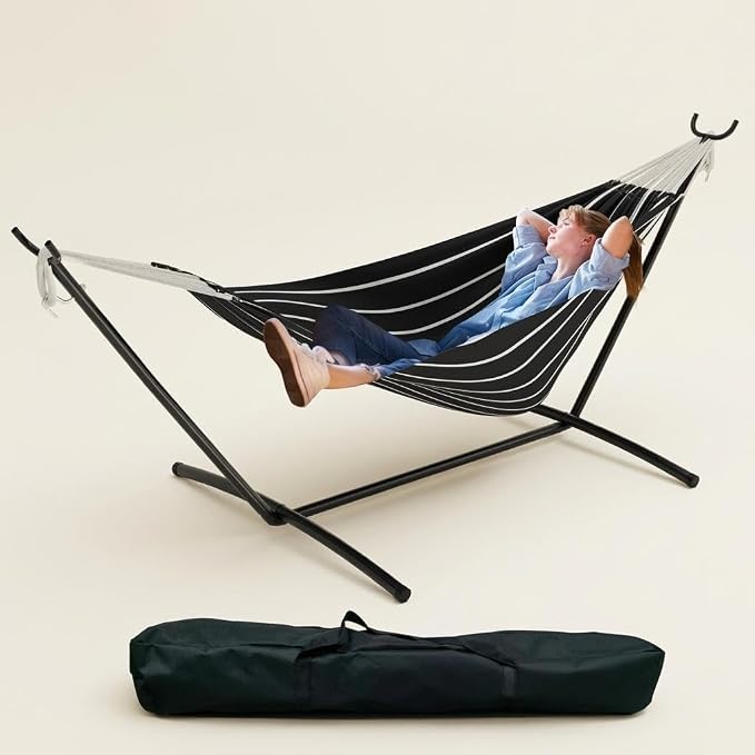 Heavy Duty Double Cotton Hammock with Stand, 450lbs Capacity Portable Hammock with Carry Bag, Vibrant Tropical Style for Indoor Outdoor Patio Backyard Camping