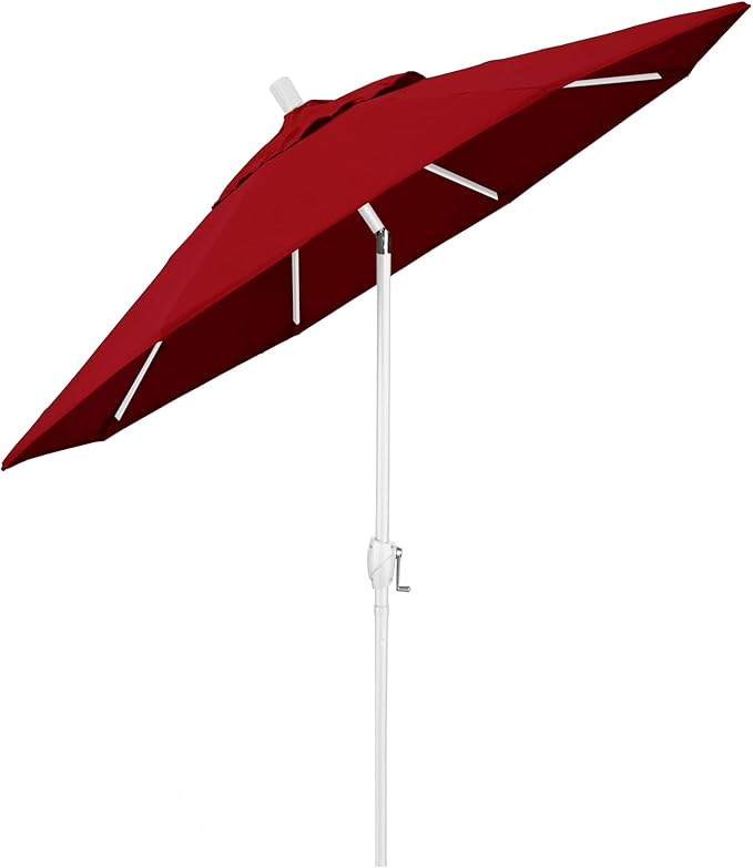 California Umbrella 7.5' Round Aluminum Market Umbrella, Crank Lift, Push Button Tilt, White Pole, Red Olefin