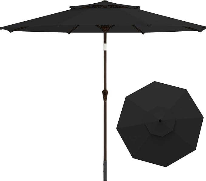 9FT Patio Umbrella 2-Tier Outdoor Market Table Umbrella with Push-Button Tilt & Crank | UPF 50+ & Waterproof for Backyard,Garden,Pool,Deck(Black)