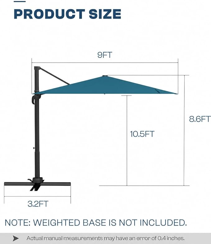 9x9 FT Square Cantilever Umbrella,Easy Tilt, Fade Resistant & 360° Rotation, Offset for Pool Deck Backyard Patiolake blue (Base not Included)
