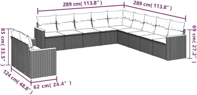 11 Piece Patio Sofa Set with Cushions, Outdoor Dining Sets Porch Furniture Set Patio Conversation Set Garden Lounge Set for Garden Poolside Piazza Exhibition Black Poly Rattan